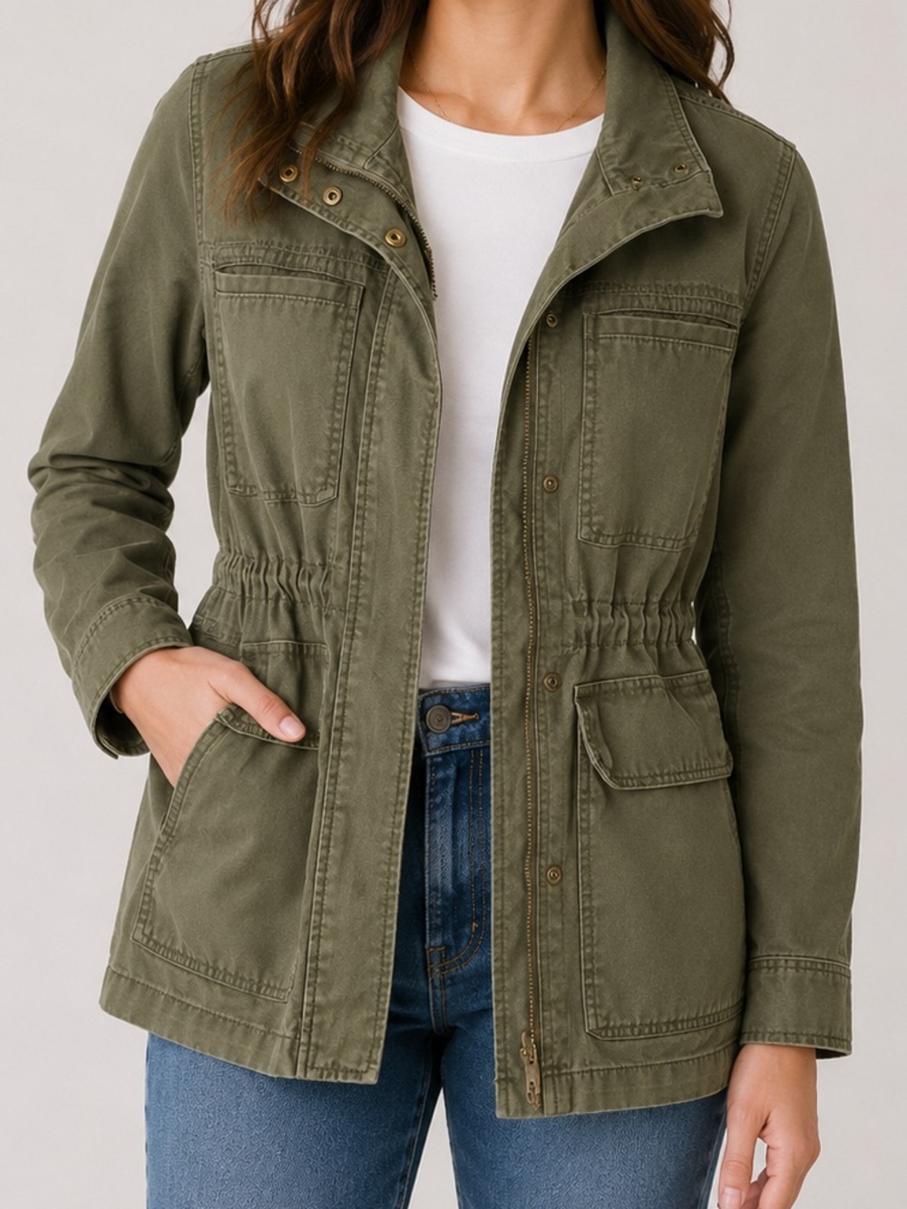 Madewell Cargo Utility Field Jacket Olive Green Drawstring Waist 100% Cotton